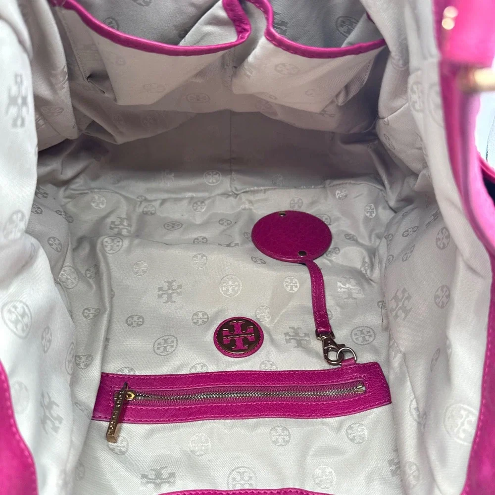 Tory Burch Magenta Leather‎ Tote Shoulder Bag Gold Logo Accent Chic
